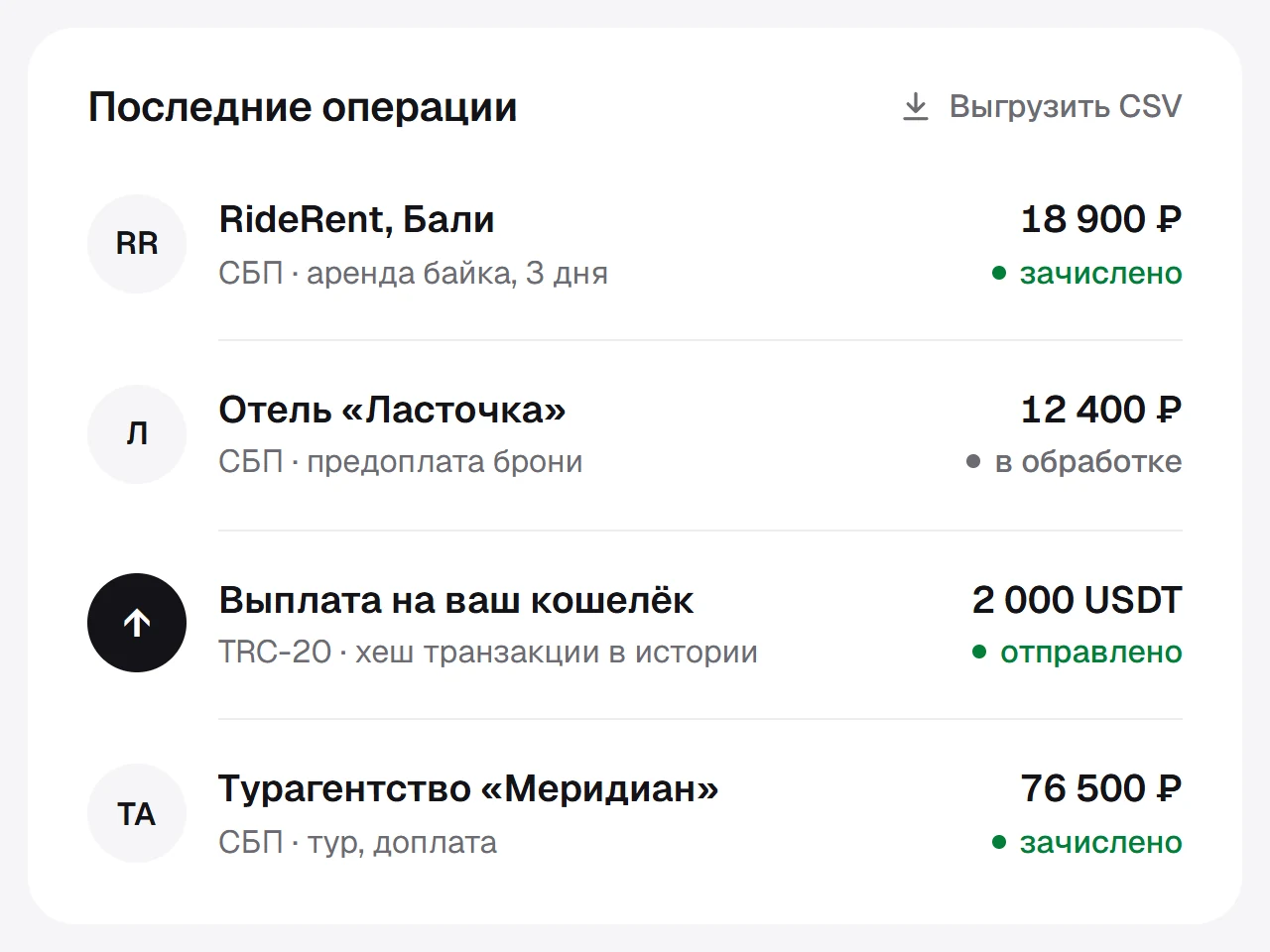 Раздел кабинета RUBREK с историей платежей